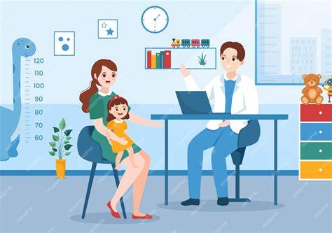 Ilustración de una familia consultando con un pediatra, enfocándose en la comunicación y confianza