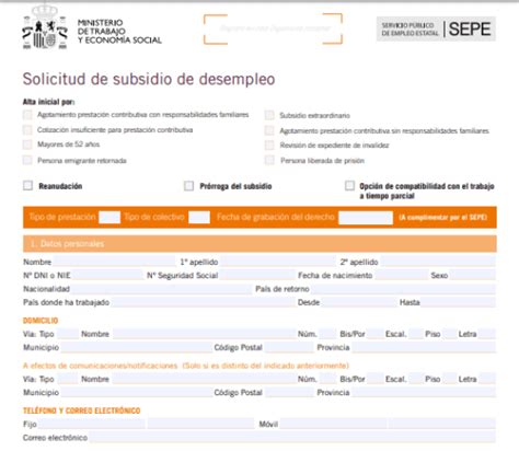 Formulario de solicitud del subsidio de desempleo SEPE