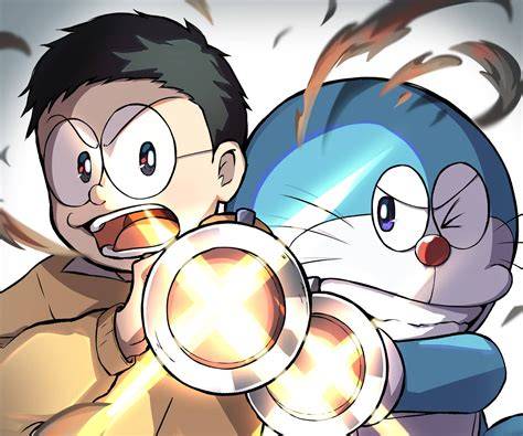 Ilustración de Doraemon y Nobita junto a sus dispositivos futuristas