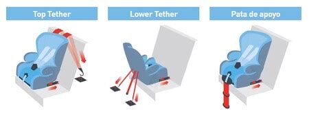 Infografía comparativa: Pata de apoyo vs. Top Tether y sus puntos de anclaje en el vehículo