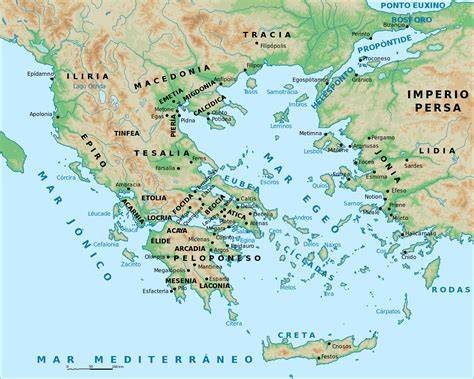 Mapa de la antigua Grecia y su influencia en el Mediterráneo