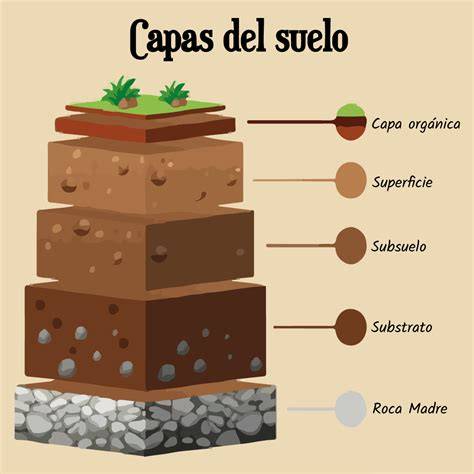 Esquema de las capas del suelo, sistema radicular y tipos de crecimiento (rizomas y estolones).