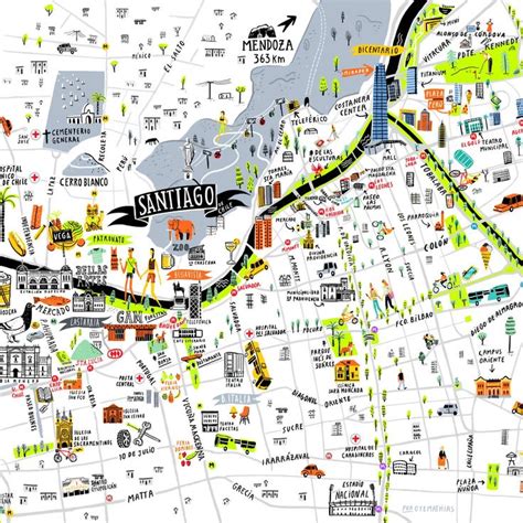 Mapa de Santiago de Chile destacando el contexto urbano de mediados de los años 70 y una ilustración que represente las raíces familiares de Pedro Pascal