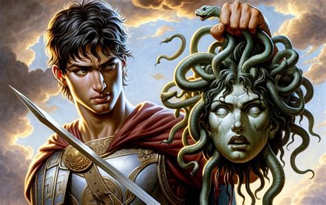 Perseo con sandalias aladas luchando contra Medusa