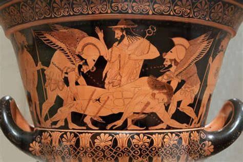 Cratera de Eufronio con Hipnos y Tánatos transportando el cadáver de Sarpedón en presencia de Hermes