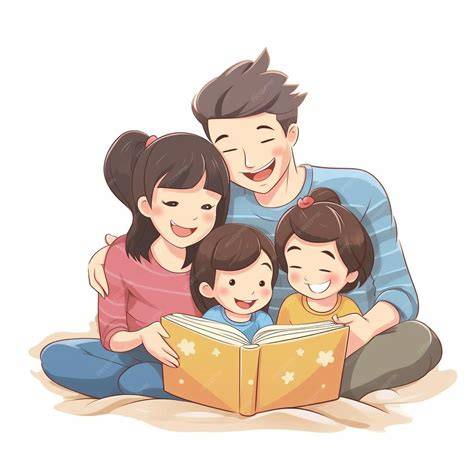 Familia leyendo un libro juntos, padres e hijos interactuando con un libro ilustrado sobre emociones