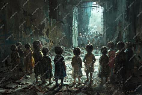 Ilustración conceptual de un orfanato abandonado con siluetas de niños.