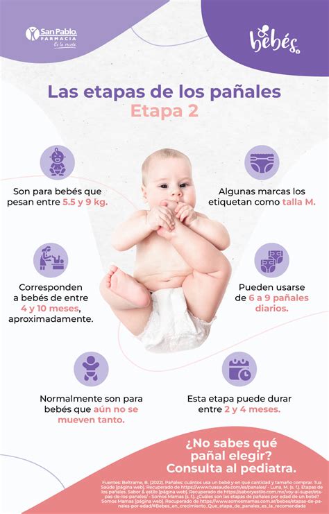 infografía sobre el rango de pesos y desarrollo para cada etapa de pañal