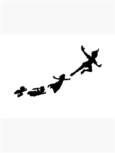 Ilustración de Peter Pan volando con Campanilla y los niños perdidos