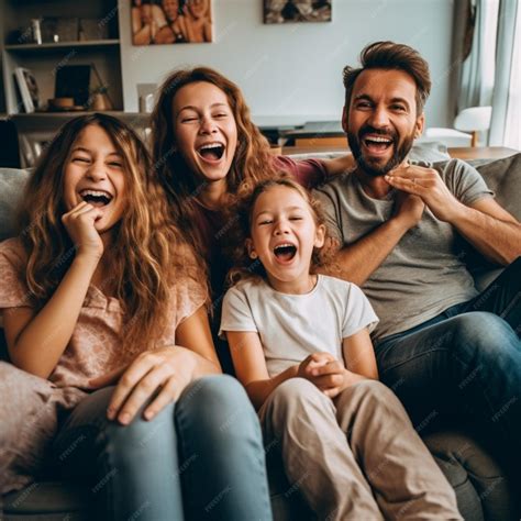 Foto de una familia riendo junta en el sofá
