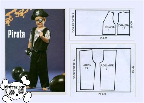 Esquema de las piezas necesarias para un disfraz de pirata: sombrero, chaleco, camisa, pantalones y accesorios.