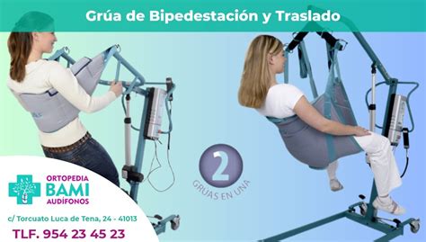 Grúa de bipedestación plegable GB-20 en posición de uso y plegada para transporte.