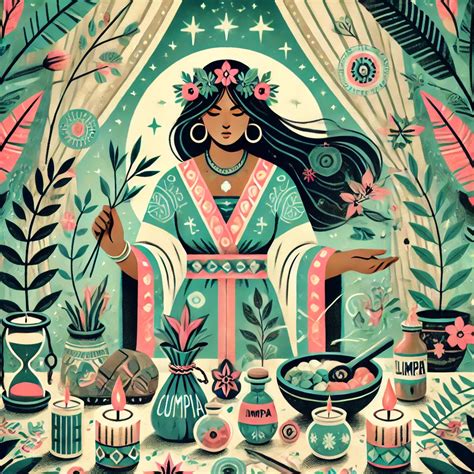 Ilustración de una curandera realizando un ritual con aceite y agua