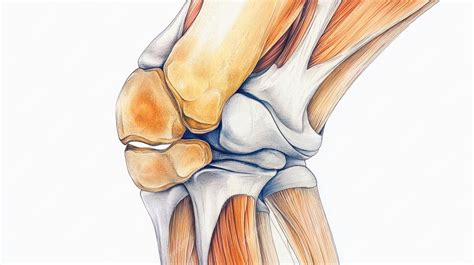 Ilustración anatómica de la rodilla con sus principales estructuras óseas y ligamentosas.