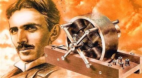 Retrato de Nikola Tesla con un motor de corriente alterna