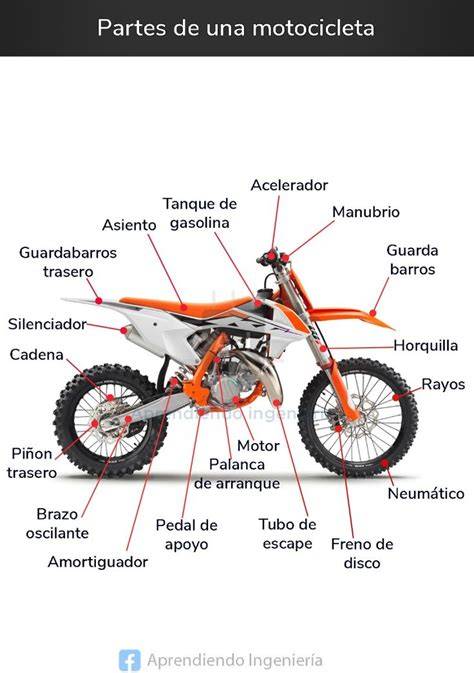 Esquema de las partes principales de una minimoto de gasolina, destacando el motor, frenos y suspensión