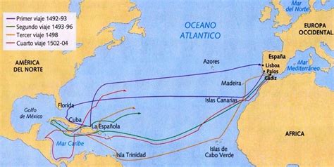 Mapa de las rutas de los cuatro viajes de Cristóbal Colón al Nuevo Mundo