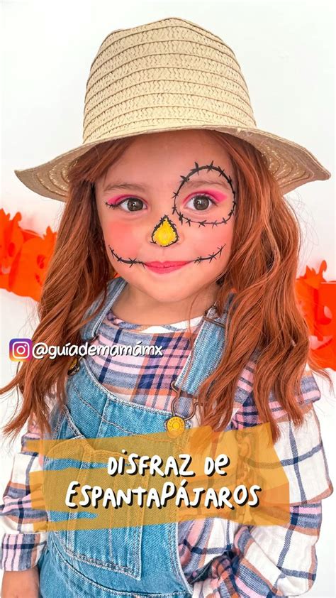 Esquema o foto de maquillaje de espantapájaros para niños, mostrando detalles en naranja en mejillas y nariz, con opciones para un toque más siniestro