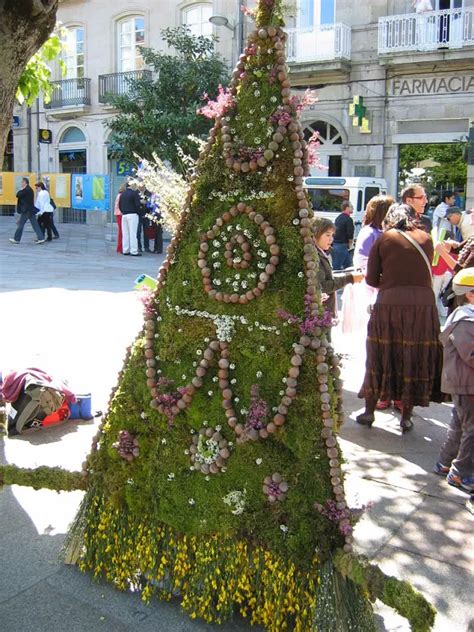 Maio decorado con flores y elementos naturales, típico de la Festa dos Maios en Galicia.