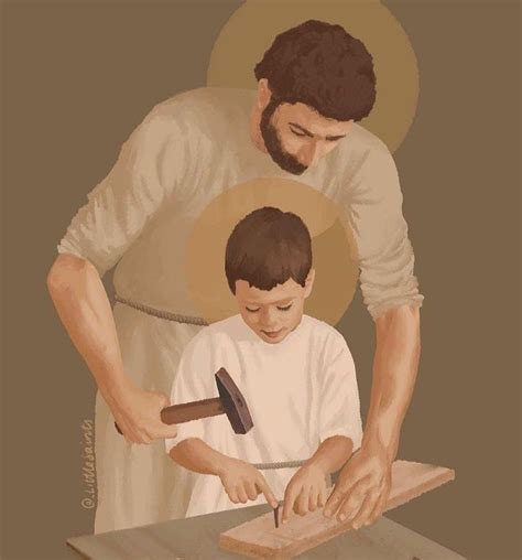 Ilustración artística de San José enseñando el oficio de la carpintería al Niño Jesús en el taller de Nazaret