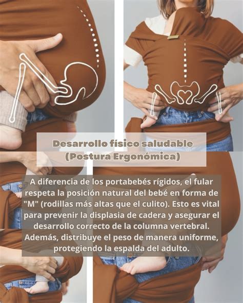 Infografía: Posición ergonómica en forma de 'M' o 'W' para un bebé en portabebés