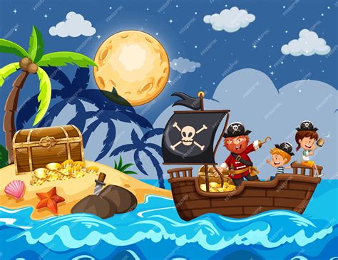 Ilustración infantil de un grupo de niños disfrazados de piratas buscando un tesoro en un barco