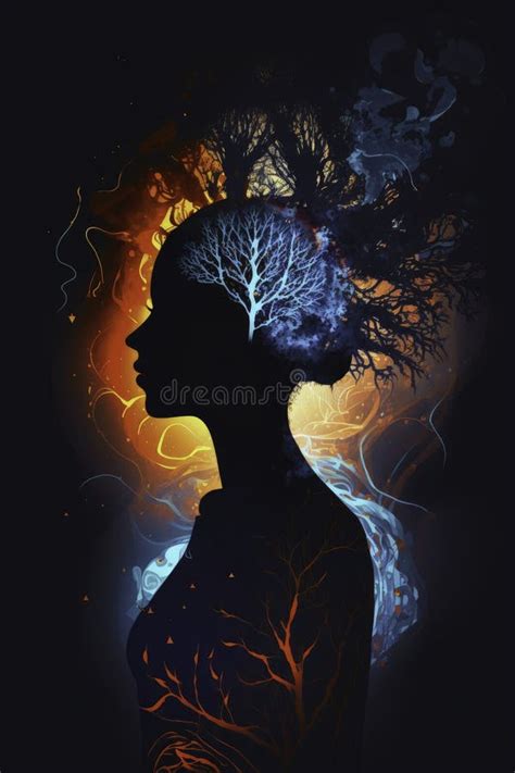 Ilustración conceptual de una protagonista rodeada de elementos mágicos y sombras del abismo
