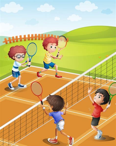 Niños jugando tenis en la cancha con zapatillas adecuadas