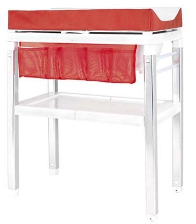 Infografía con las características de la bañera cambiador Inglesina: colchón impermeable, cubeta accesible, estante, bolsillos de red, asa y ruedas.