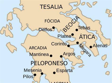 Mapa de la antigua Grecia destacando Atenas y los centros de influencia filosófica de la época.