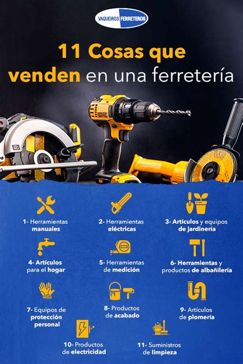 Infografía que muestra la variedad de secciones en una ferretería: fontanería, electricidad, herramientas y fijaciones