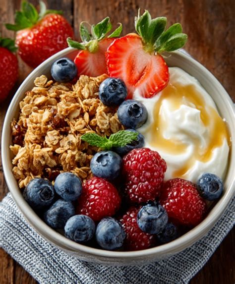 foto de desayuno de camping con niños (granola, frutas, huevos)