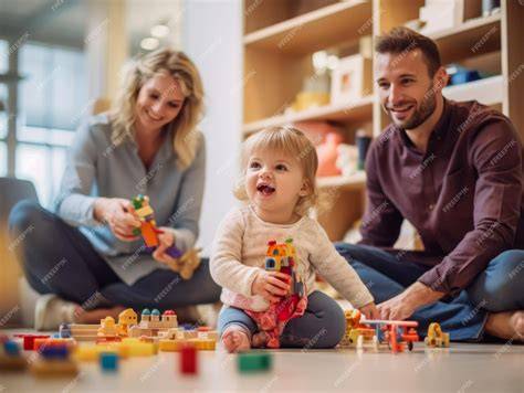 Familia moderna, padre y madre interactuando activamente con sus hijos pequeños en un ambiente de hogar