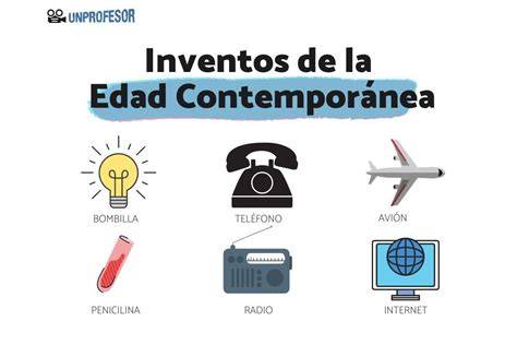 Collage de inventos de la Edad Contemporánea adaptados para niños (bombilla, teléfono, tren, avión)