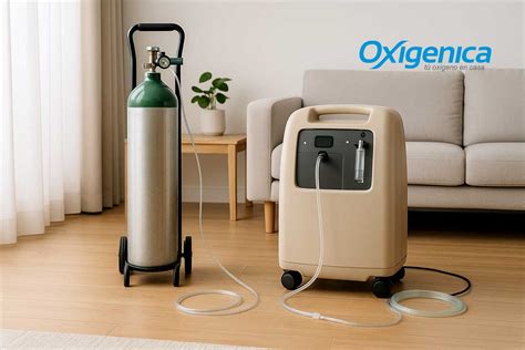 Ilustración esquemática de un concentrador de oxígeno doméstico, mostrando la entrada de aire, el filtro y la salida de oxígeno concentrado.