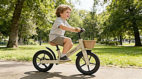 Niño montando una bicicleta de equilibrio de madera en un parque, con un casco puesto.