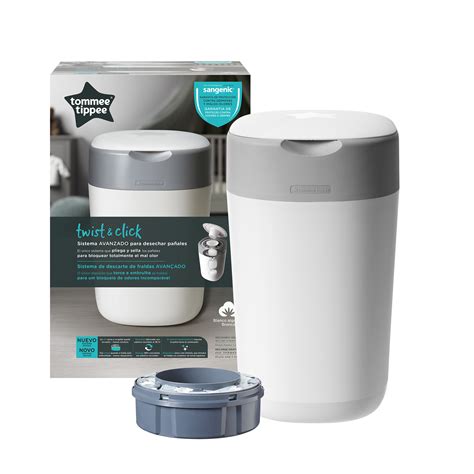 Contenedor de pañales Tommee Tippee Twist & Click, con un pañal siendo introducido.
