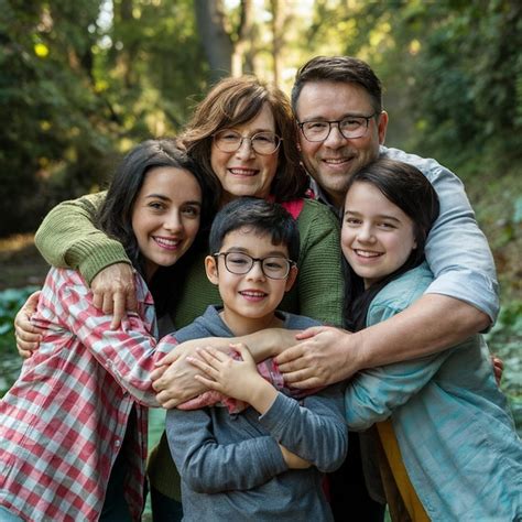 Fotografía de una pareja sonriente y rodeada de niños, transmitiendo calidez y unidad familiar.