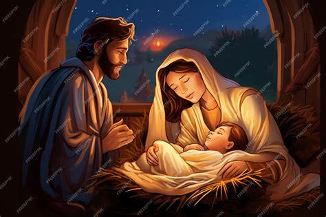 Ilustración infantil representando el nacimiento de Jesús en el pesebre con María y José