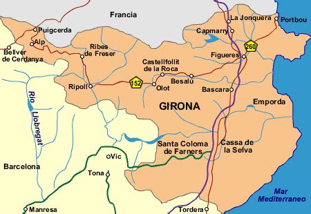 Mapa de la provincia de Gerona señalando la ciudad de Figueras como lugar de nacimiento de Salvador Dalí