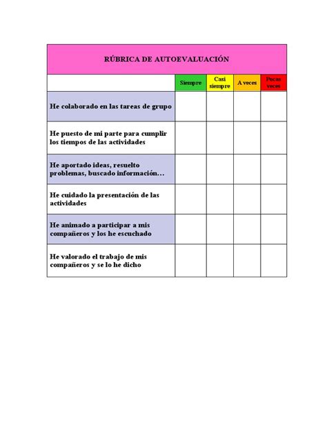 Ejemplo visual de una rúbrica de autoevaluación simple para alumnos de primaria.