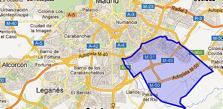 Mapa histórico de Madrid señalando el barrio de Vallecas, lugar de nacimiento de Manolo Santana.