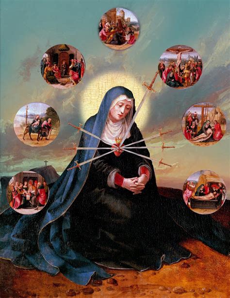 Iconografía que representa los siete dolores de la Virgen María, a menudo simbolizados por puñales.