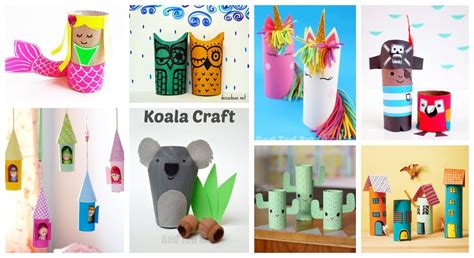 Collage creativo de manualidades infantiles hechas con cajas de cartón y rollos de papel higiénico pintados.