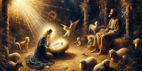 Representación artística del nacimiento de Jesús en un pesebre con la Sagrada Familia y los animales
