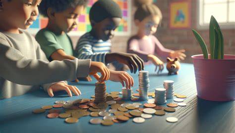 Niños pequeños jugando con monedas de juguete en una tienda simulada