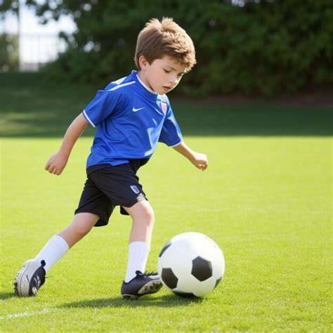 Fotografía de alta calidad de un niño jugando un partido de fútbol sala sobre pista cubierta con calzado técnico
