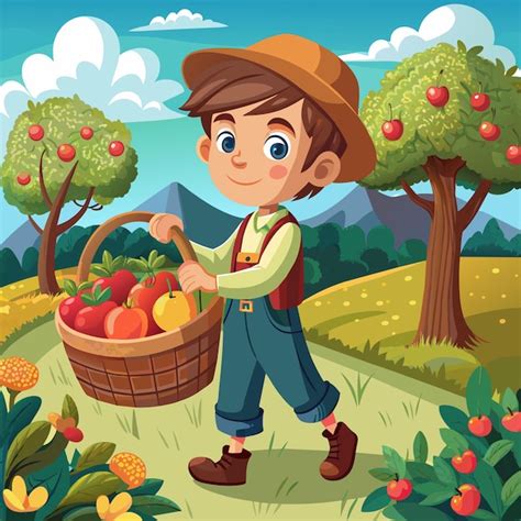 Ilustración infantil con una cesta de frutas variadas y coloridas para despertar el interés de los niños