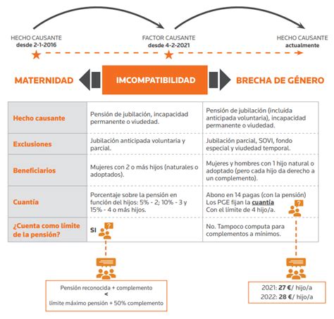 Esquema explicativo sobre los requisitos y evolución del complemento de maternidad y brecha de género