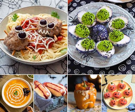Mesa decorada con platos temáticos de Halloween para niños: bocadillos con formas terroríficas, dulces decorados y elementos decorativos como telarañas y velas.